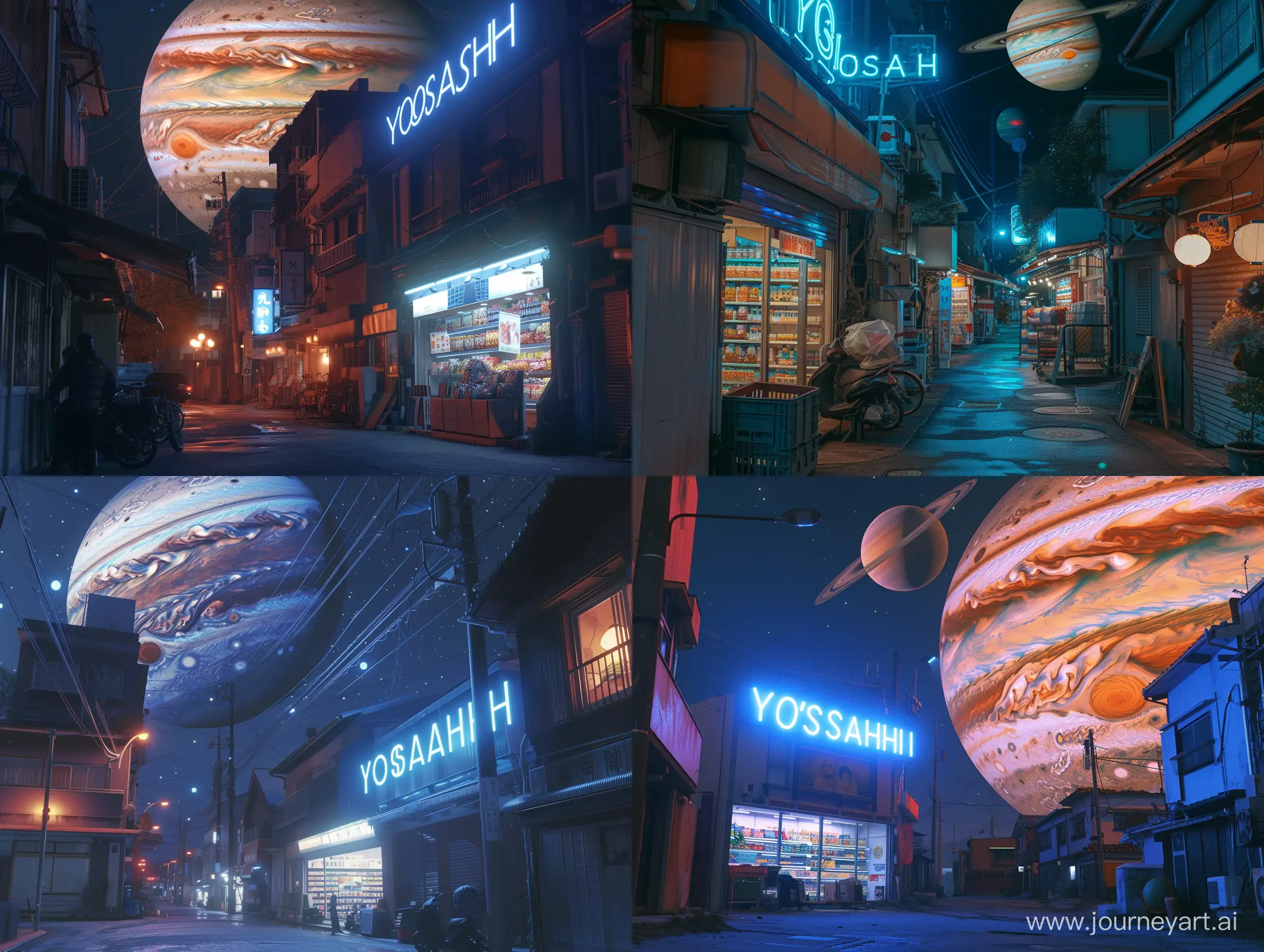 A phone photo of a supermarket called "YOSASHI" in blue neon at night in an old neighborhood and behind shows Jupiter as huge. Realistic. Real. Photo. Full body. --ar 4:3 --s 250 --style raw --v 6