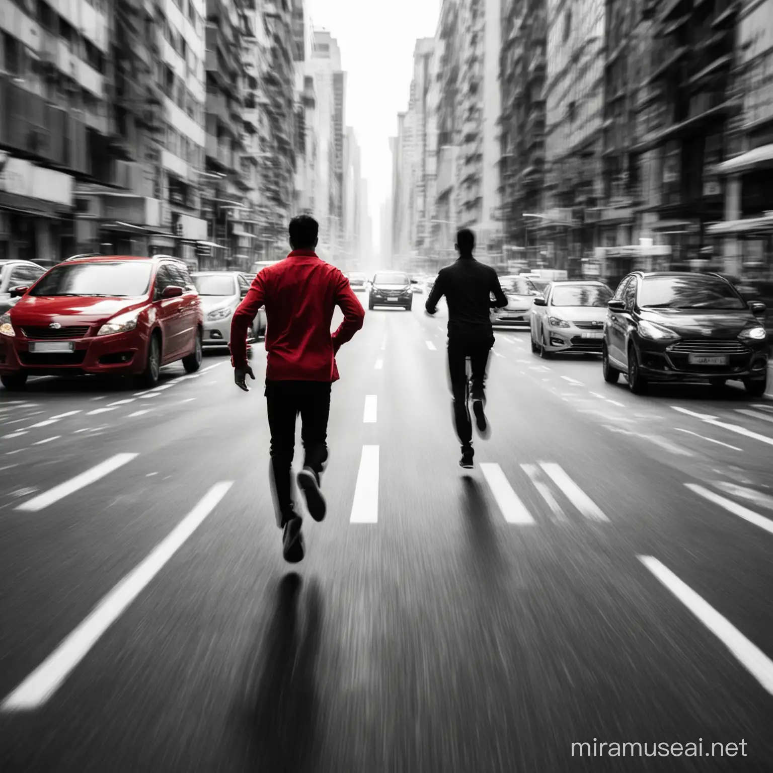 Dynamic Urban Scene Running Man Amidst Traffic in Monochrome with Vivid Red Accents