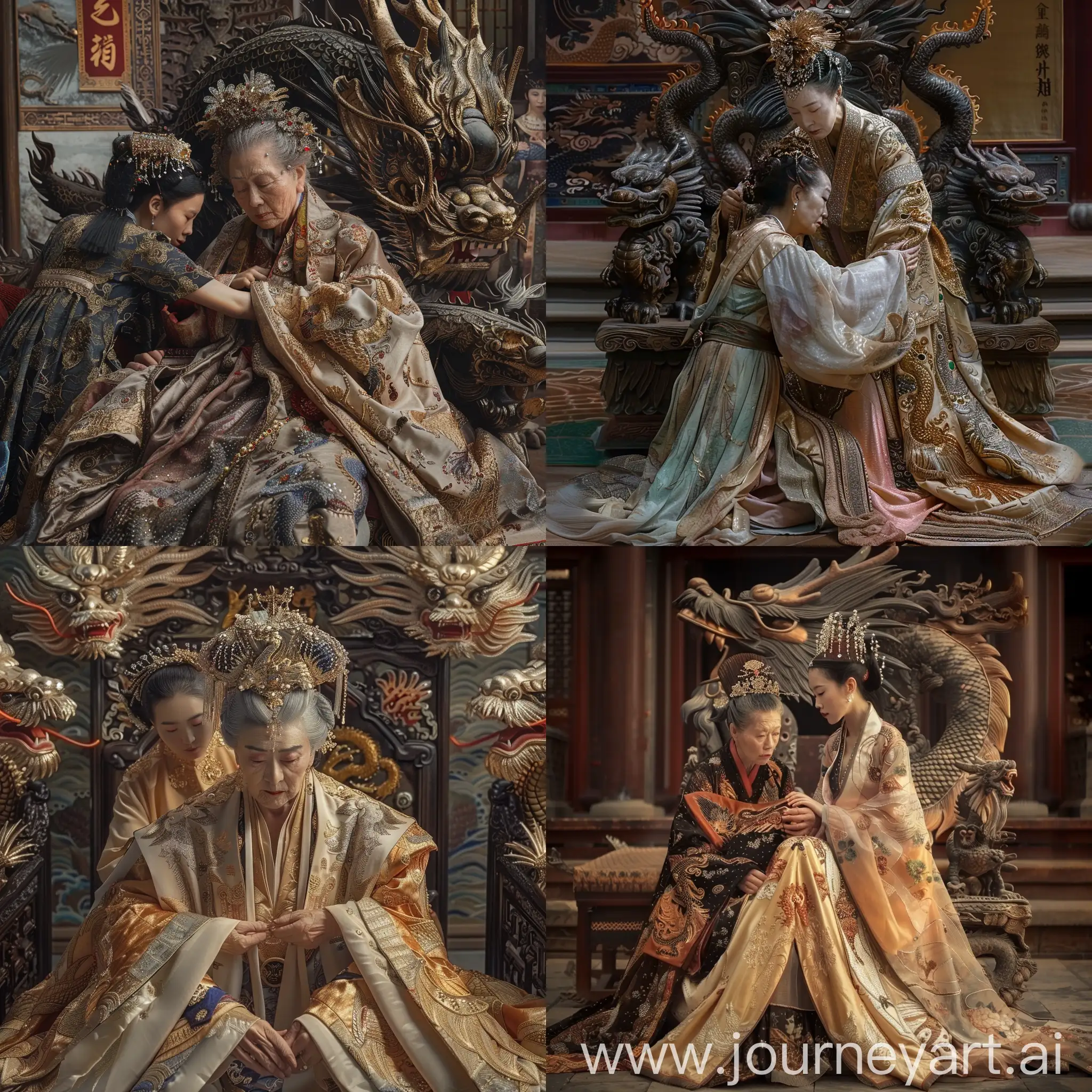 Elderly-Empress-Wu-Zetian-Assisted-to-Throne-by-Maid-in-Opulent-Palace-Setting