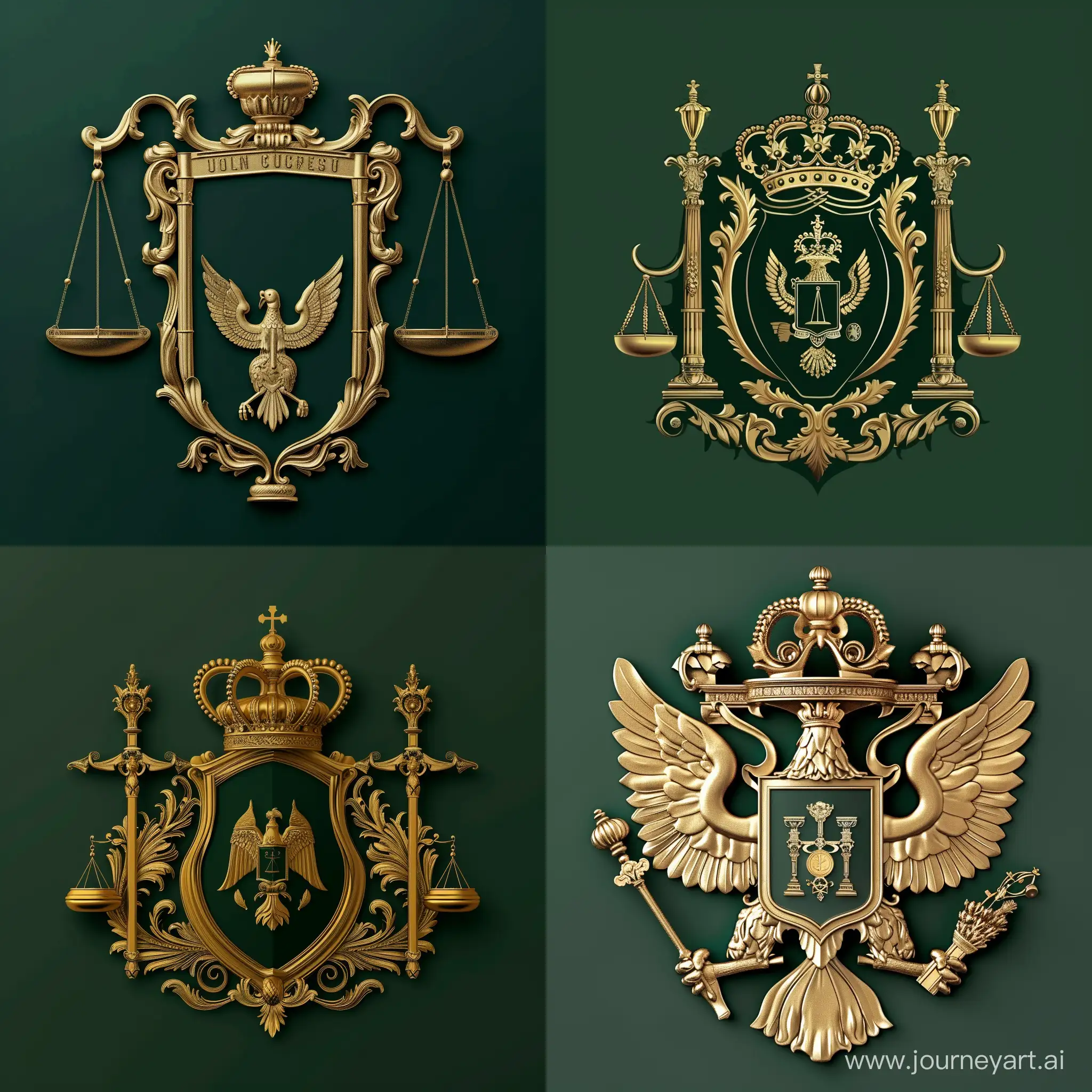 логотип, герб, строгий стиль, судебные символы. для организации занимающийся судебными экспертизами. Строгий зеленый фон, Золотой