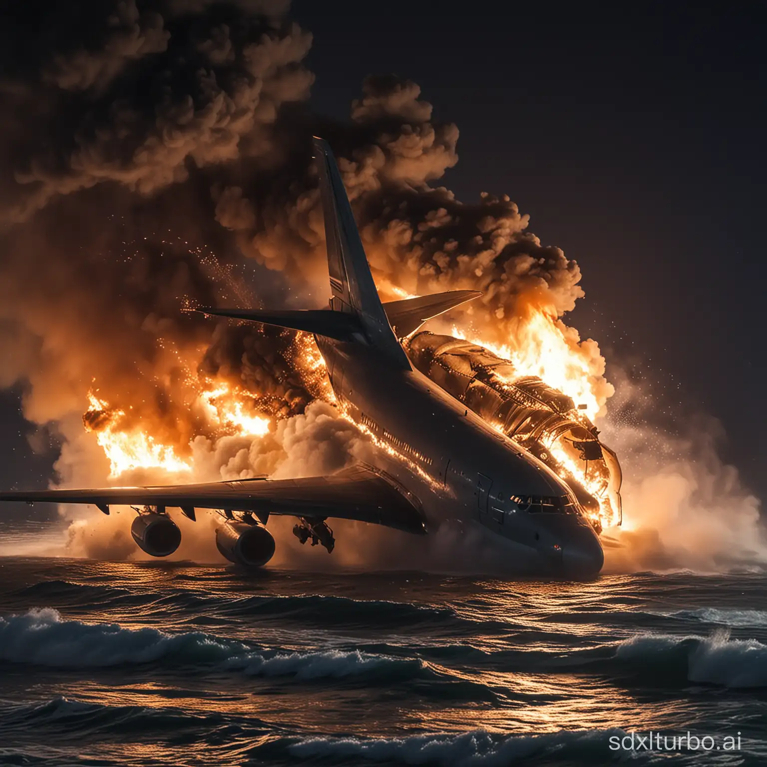 The jet engine of the plane that has falaing on sea up in night time breaks down and catches fire. Then the whole side collapses and the plane loses its direction.