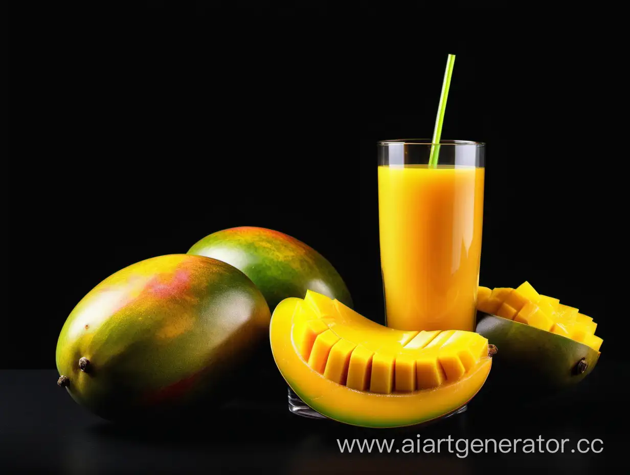 big yellow Mango with glass juice on black background