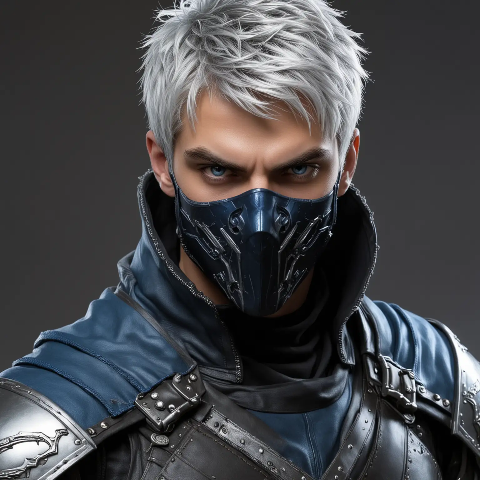 Fantasy male assassin, black and blue leather armor, short scruffy silver hair, hot, handsome, rugged, lightning abilities, black hood, mask covering lower half of face