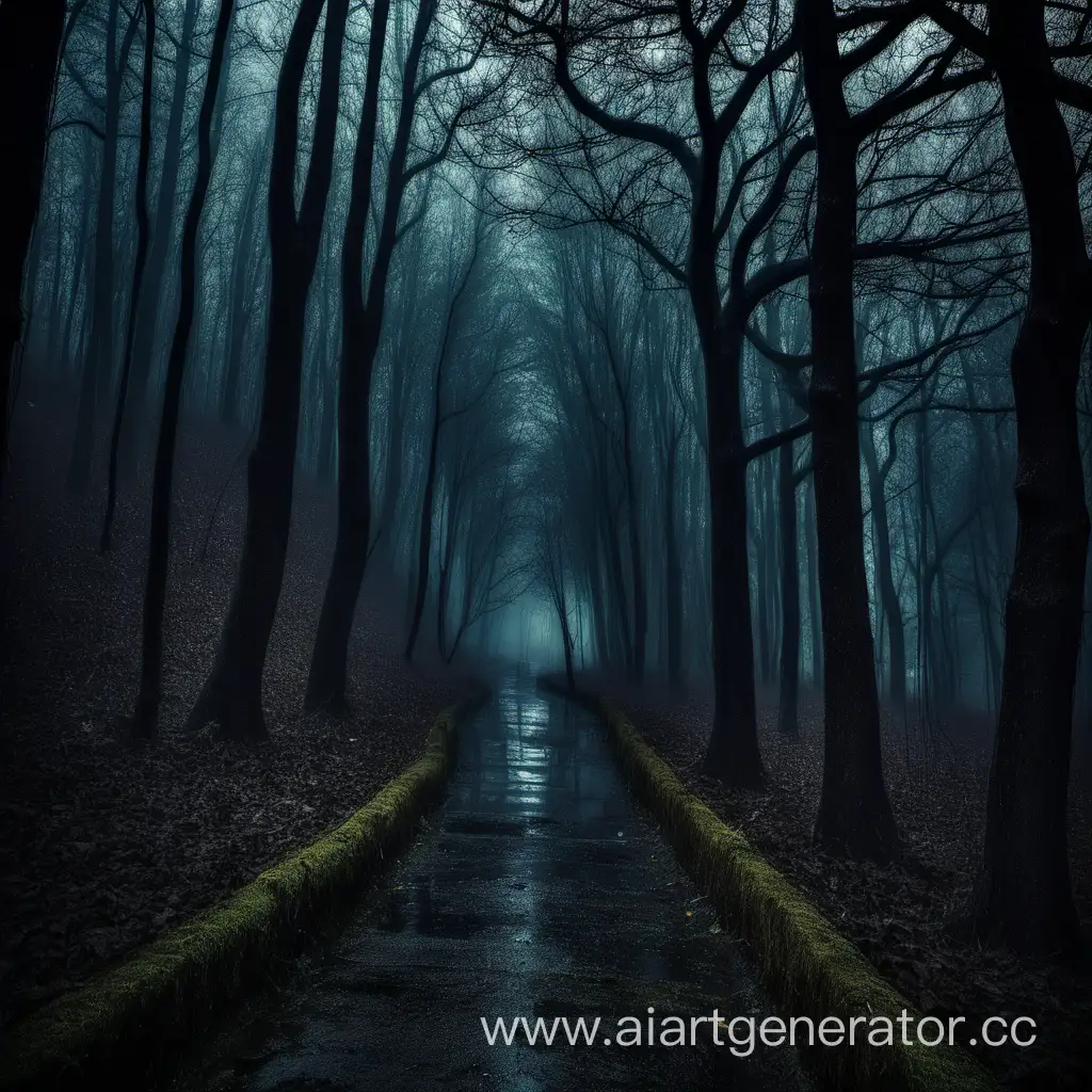 Dark forest, rainy weather, path