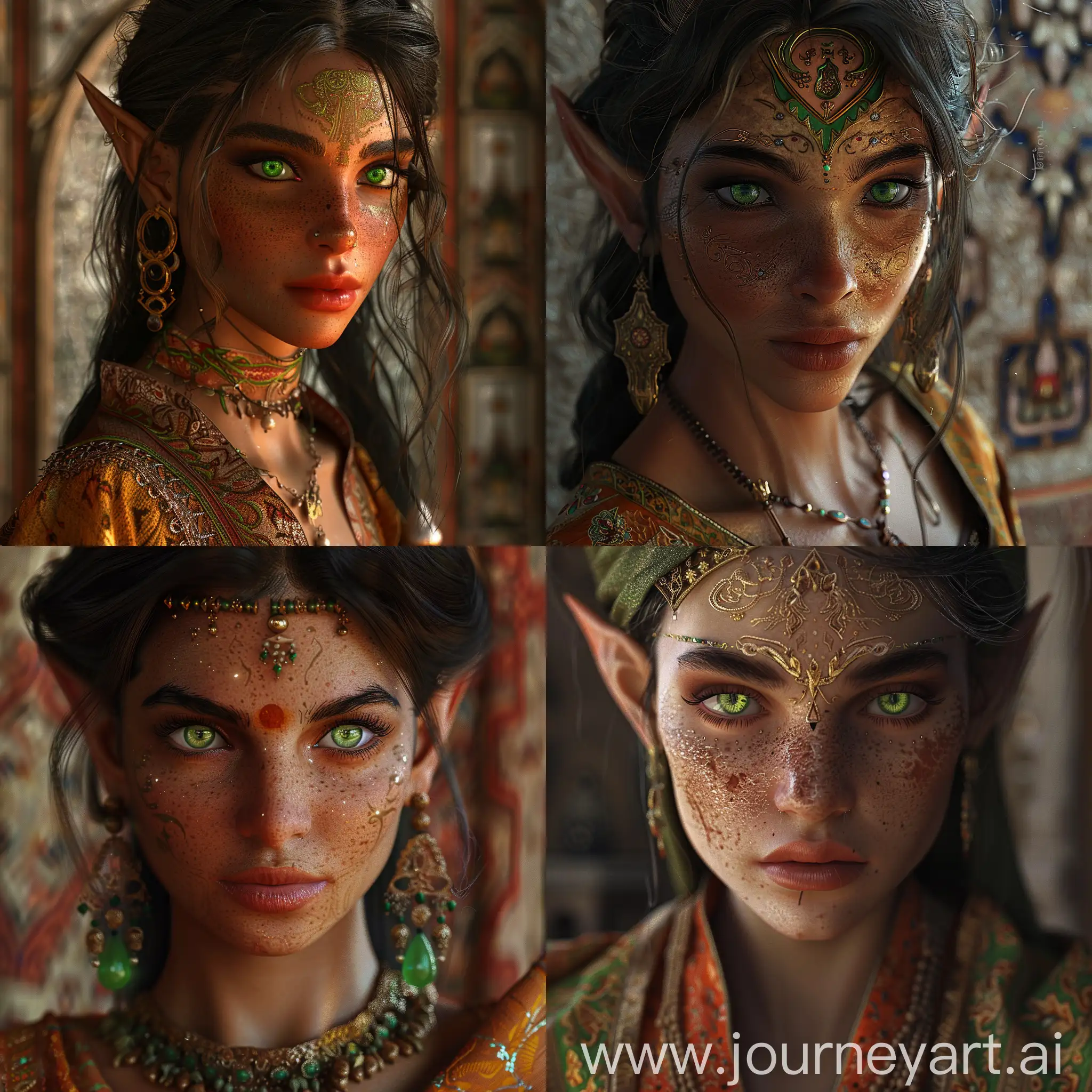 Tamerlane female elf in medieval style, turkish clothes, green eyes, dark tan skin, high cheekbones, atmospheric lighting, gorgeous face, full body, cinematic composition, detailed face, detailed, detailed skin, art by daniela uhlig and brad rigney and adam hughe, background Khiva., ultra-detailed, highest detail quality, ultra-realistic, photography lighting, reflection mapping, movie quality rendering, octane rendering, sharp focus, depth of field, real shadow, vfx post-production, rtx ray tracing lighting