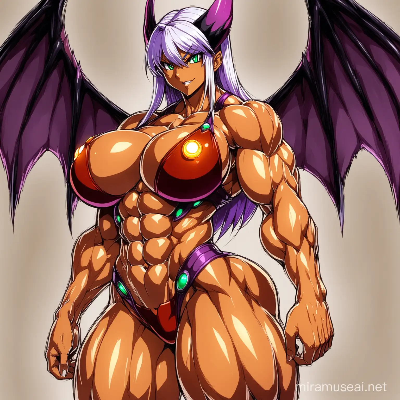 Fusion of: (((Generalissimo Samus Aran from "Metroid" Empress Morrigan Aensland from "Darkstalkers"))), (((amazingly gigantic breast))),(((muscularly voluptuous body))),((((muscular abs,tanned-skin)))), by artist "Sui Ishida",