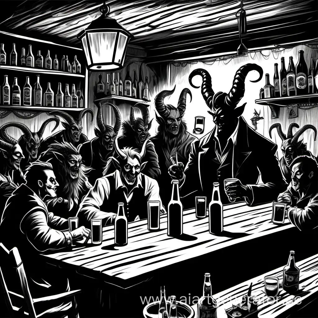кабак с нечистью, чёрные силуэты и разные существа сидят за барной стойкой и пьют пиво, бармен черт с рожками, на лицах всех боязливое выражение лица, за одним из мест лежит уснувший демон алкаш