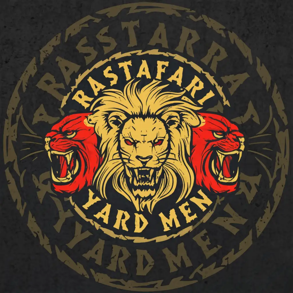 a logo design, with the text 'Rastafari Yard Men', main symbol: RYM, Moderate, to be used in the Entertainment industry, clear background. wild west style with a big lion skull in the back with open mouth. Big lion. Fangs. Lion hair. Lion skull. make the lion more clear and add guns. add fire around the circle too