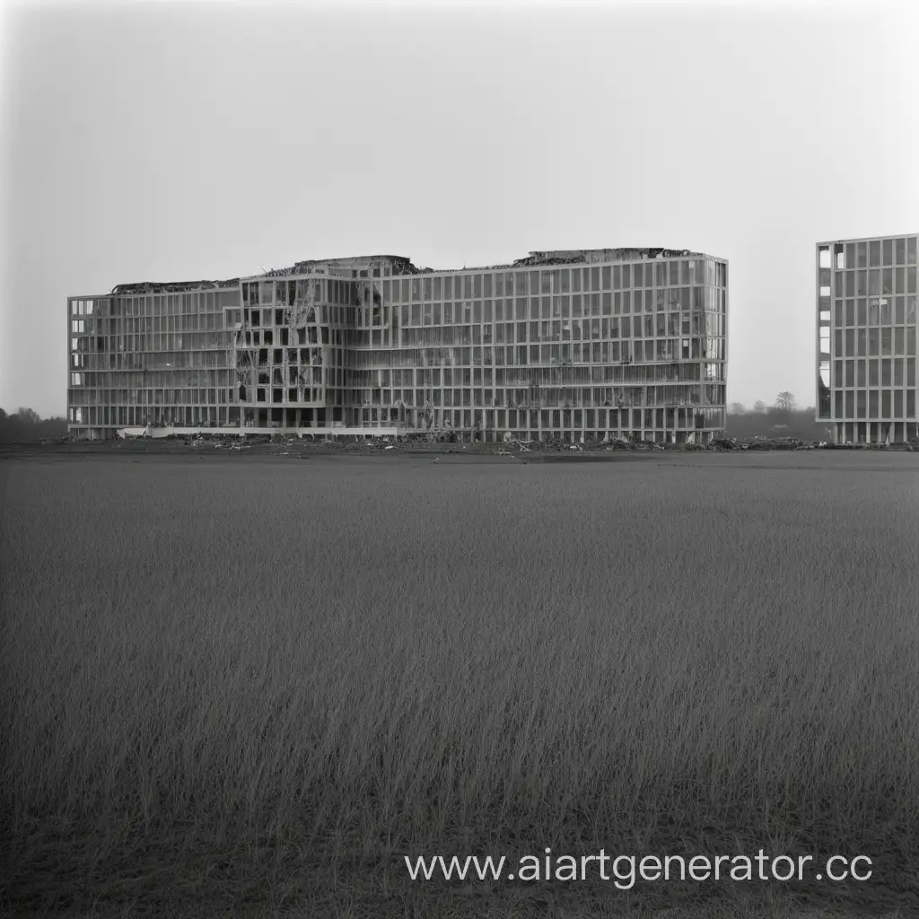 Разрушенный огромный отель,был современным и стеклянным, находится среди большого поля