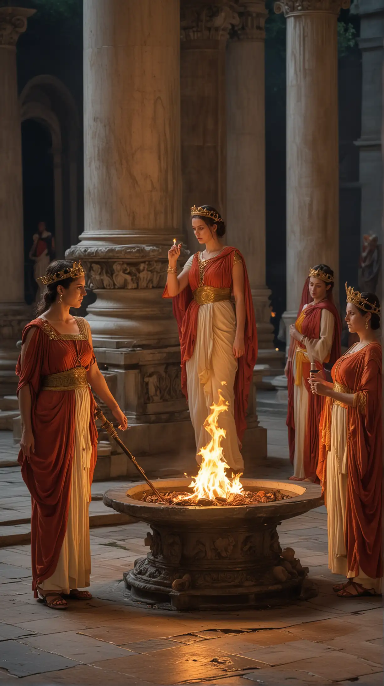 A group of noblewomen in ancient Roman attire, tending to the eternal flame of the Vestal Goddess.