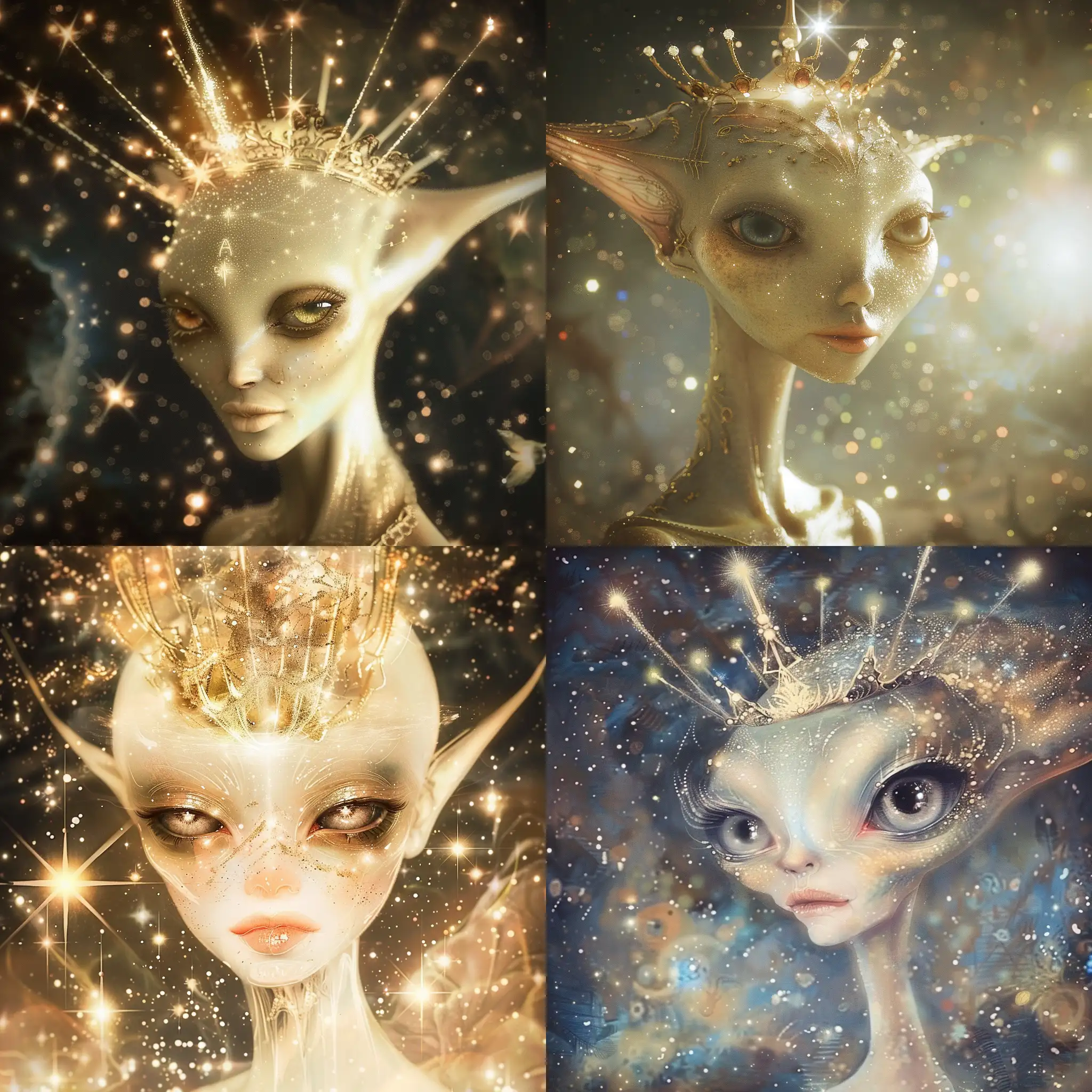A benign humanoid semi alien alien king with kind eyes and a crown made of pure light. A background of stars. Beautiful magical mysterious fantasy etheral highly detailed. Pre Raphaelite 