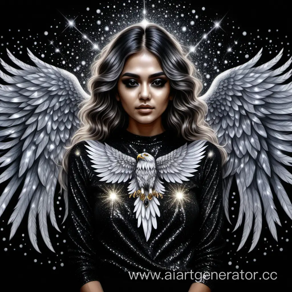 front view artist by Sara Shakeel Glitter drawing the sparkling crystals sparkling swarovski russin women wavy beautiful hair glitter art Sara Shakeel White with black feathered eagle wings placed in the middle of it's back, mane of darkness, 4k, Mysterious