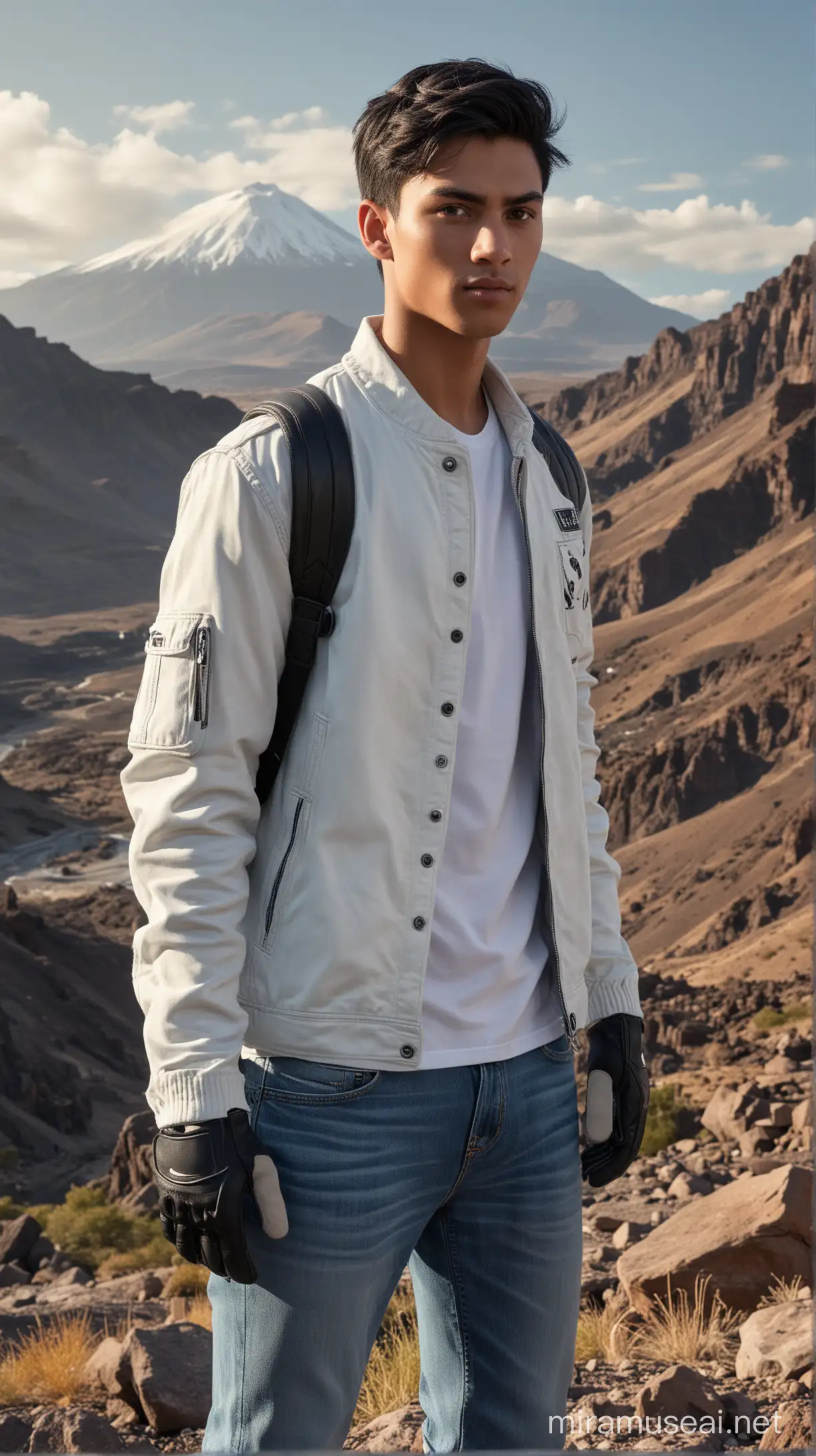 Handsome man, 18 year old, oval face, neat short black hair,  clean face, underslipback hair, white t-shirt, jeans jacket, gloves, black jeans, Nike Jordan shoes. Standing in front of the himalay volcano at afternoon, 800mm lens, realistic, hyperrealistic, photography, professional photography, immersive photography, ultra HD, very high quality, best quality, medium quality, HDR photo, focus photo, deep focus, very detailed, original photo , original photo, very sharp, nature photo, masterpiece, award winning, taken with hasselblad x2d