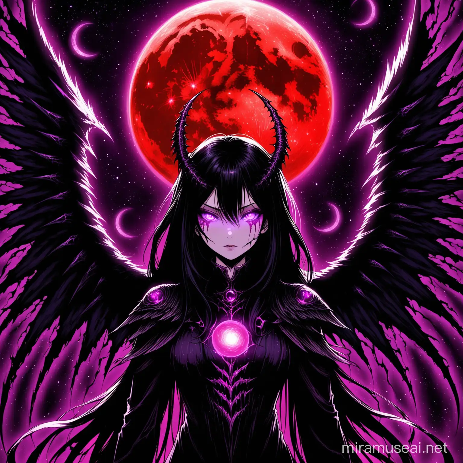 create an art woman being in space with a red moon in a background, woman is an eldritch angel, has a pair of large wings, has one big demonic thorn, has purple glowing eyes, has half of her face covered in scars, looks directly into camera, dark fantasy, anime style