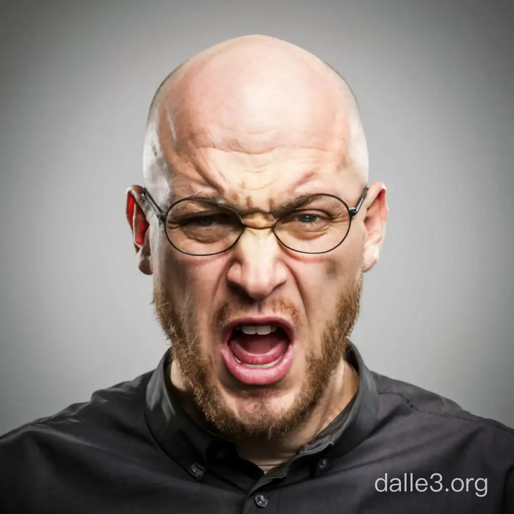  angry, furious bald pale man with glasses, short beard crying and shouting