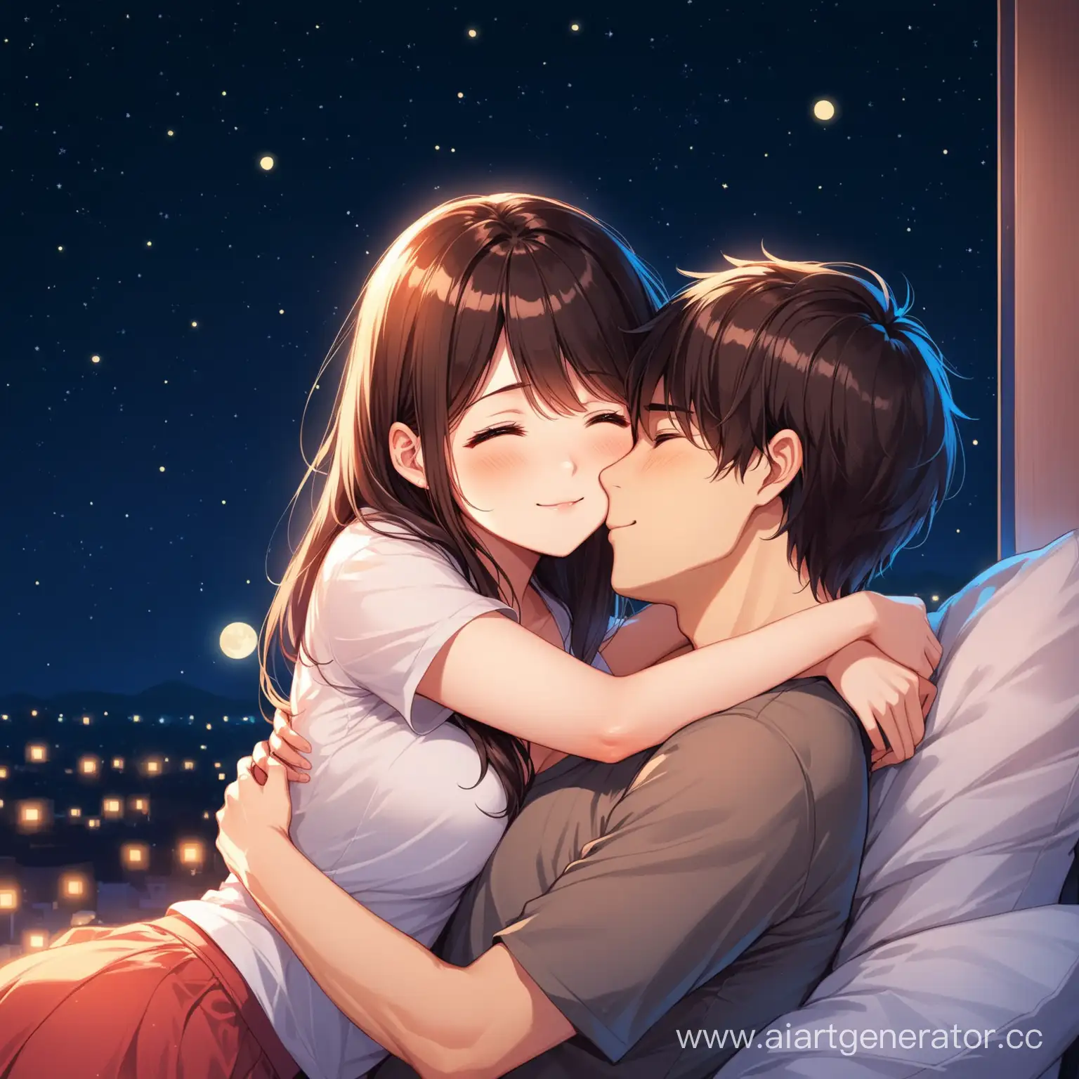 Cute girl hugs a guy at night в комнате 

