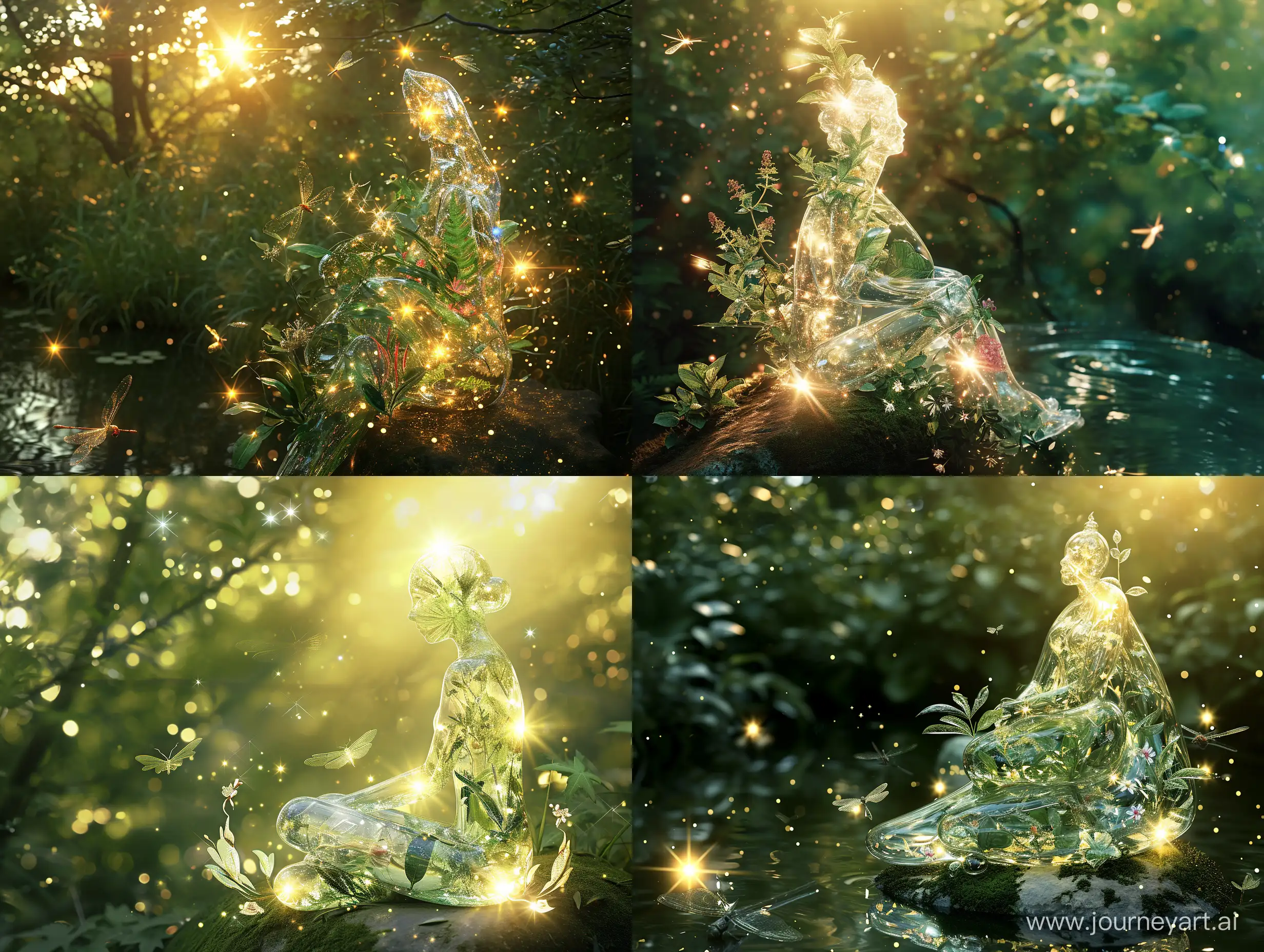 generate and image of a woman made of clear glass showing plants and flowers within, seated on a rock in a lush green forest. Ethereal lights, The sun illuminates the figure, casting a surreal glow and creating a dizzying kaleidoscope effect. The image also features dragonflies, and stars, all illuminated and reflecting the sparkles and gold shimmer.
