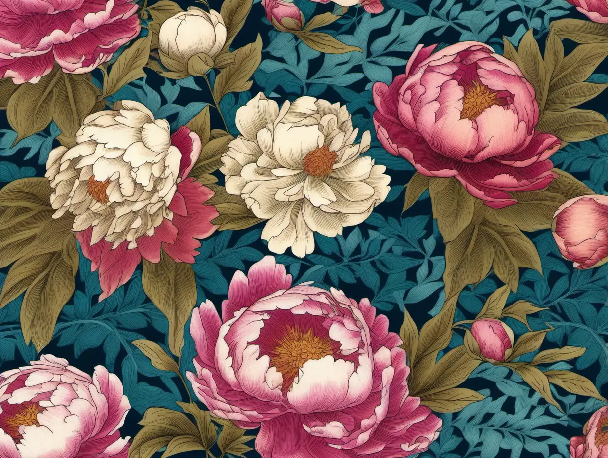 Horizontal Pattern of vivid colored flowers including peonies and foliage on muted white background color such as would be seen on a rug carpet , Greens , Blues , Pinks