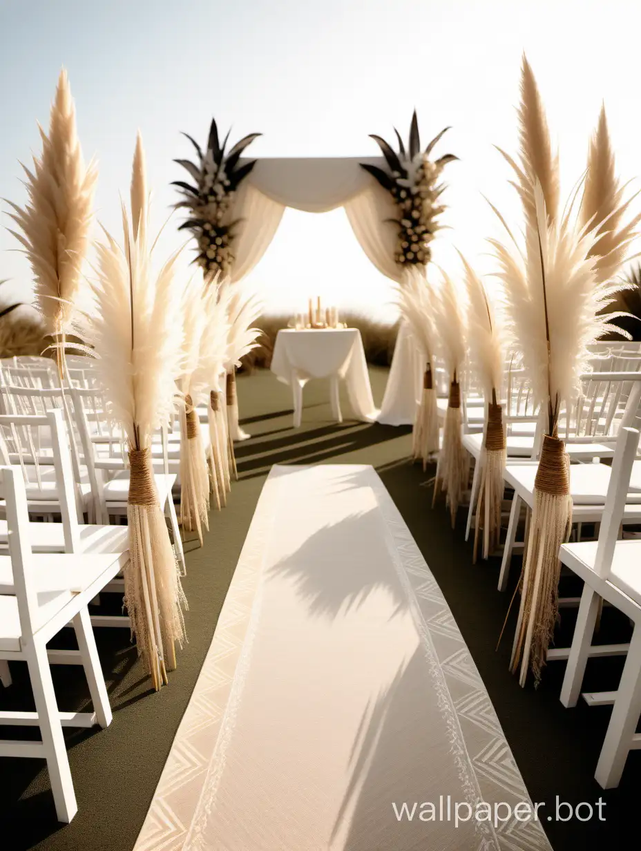 a sharp extreme close-up photograph of a boho wedding ceremony setup, pampas grass, white palms, high detailing, white chairs, boho runner, white and natural tones, outside, golden hour lighting:: excellent visual focus on furniture, pampas grass and flowers through the processing of light and textures of the fabric, surreal nature --c150 --s 180 --w 50