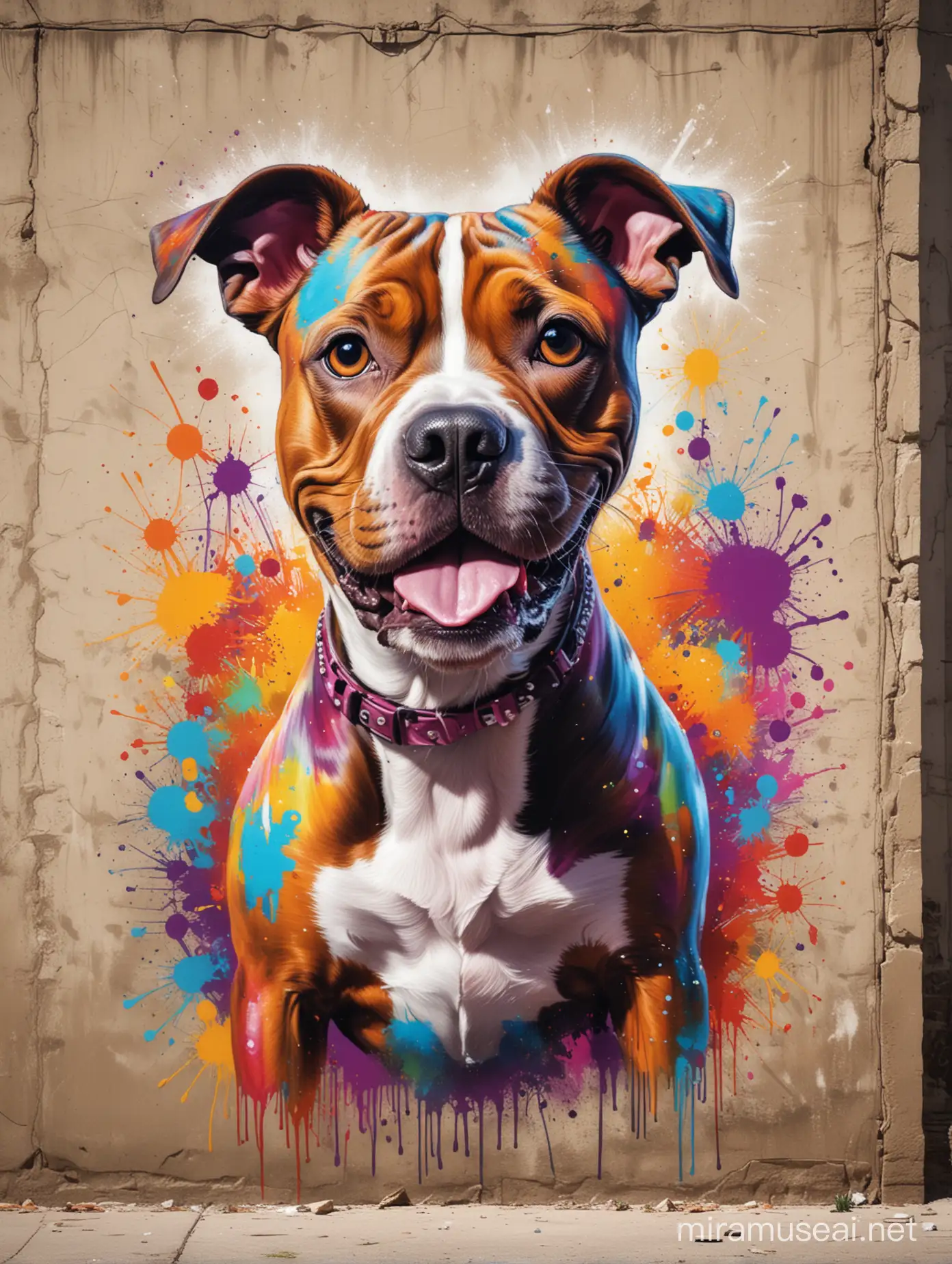 art movement focused on emotional impact through free-flowing shapes and colors, often without depicting real objects,
Create a graffiti of a tiny happy American Pit Bull Terrier Dog on the foreground, colorful graffiti art, on a wall, rustic background, graffiti art style
