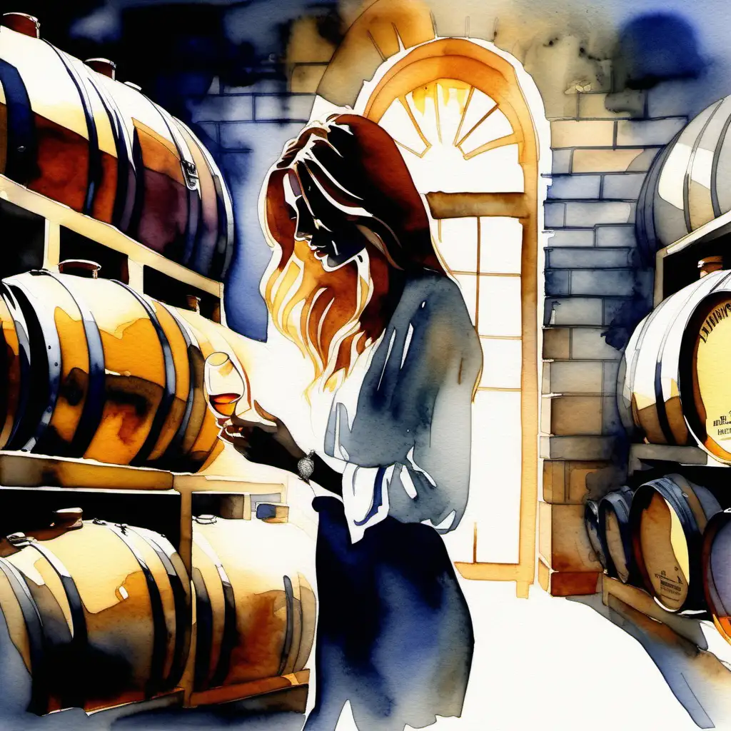 watercolour painting of beautiful woman in shadow in a whisky warehouse tasting whisky