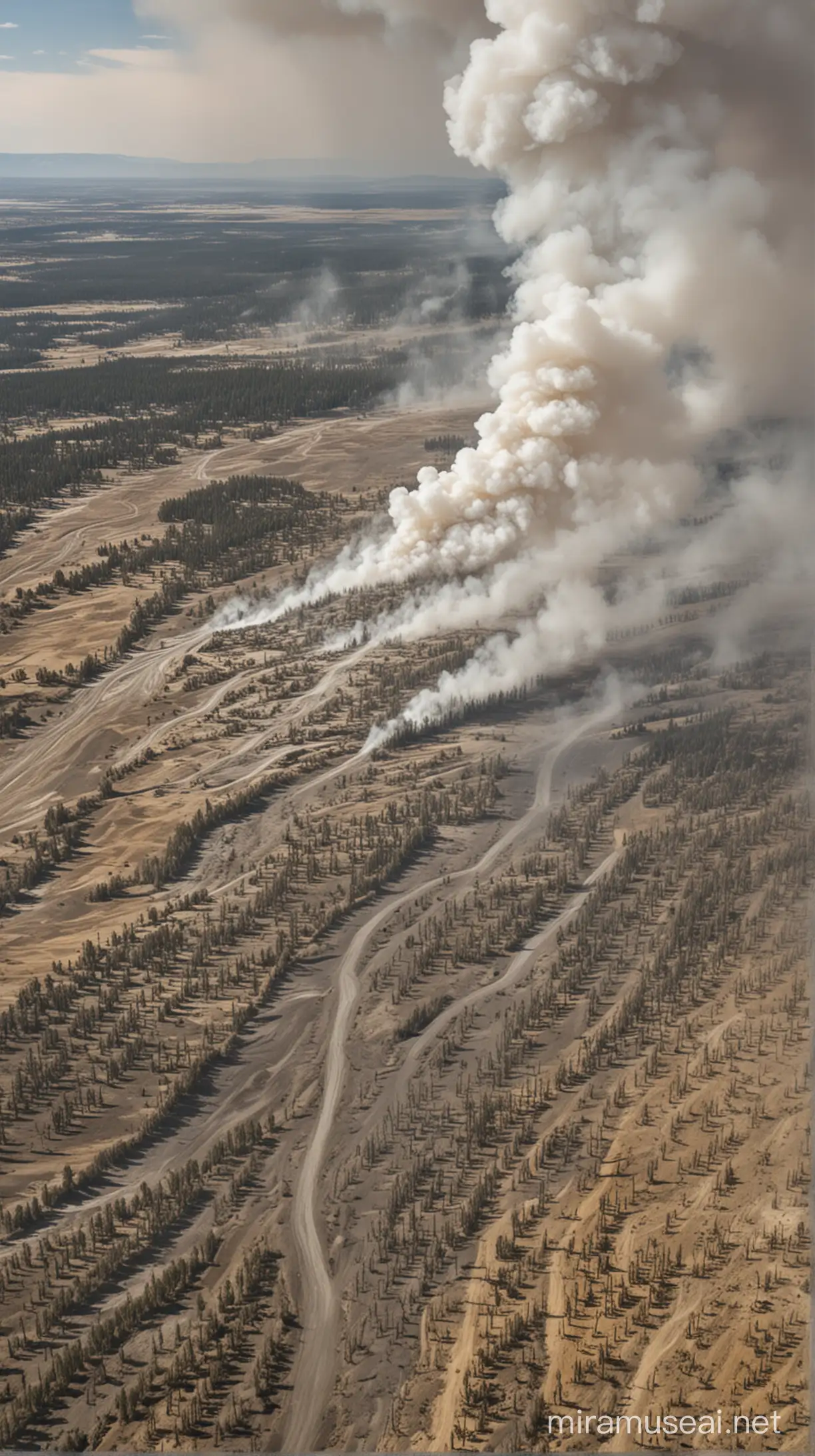  Create a realistic image of  scene showing heavy ash fall in regions surrounding Yellowstone, such as Wyoming, Montana, Idaho, Utah, and Colorado, disrupting air travel and damaging crops and livestock.