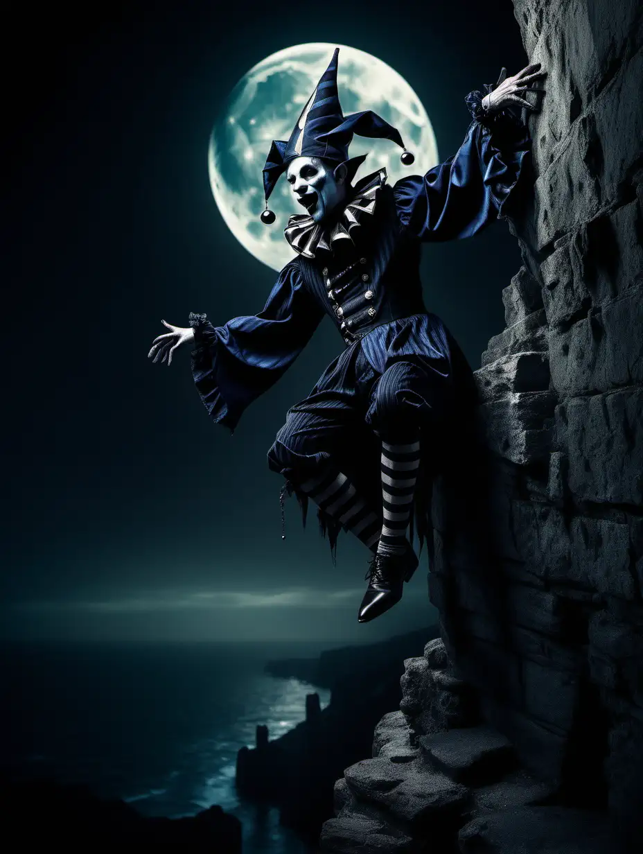 Gothic medieval jester stepping off cliff edge, in moonlight, dark vibes