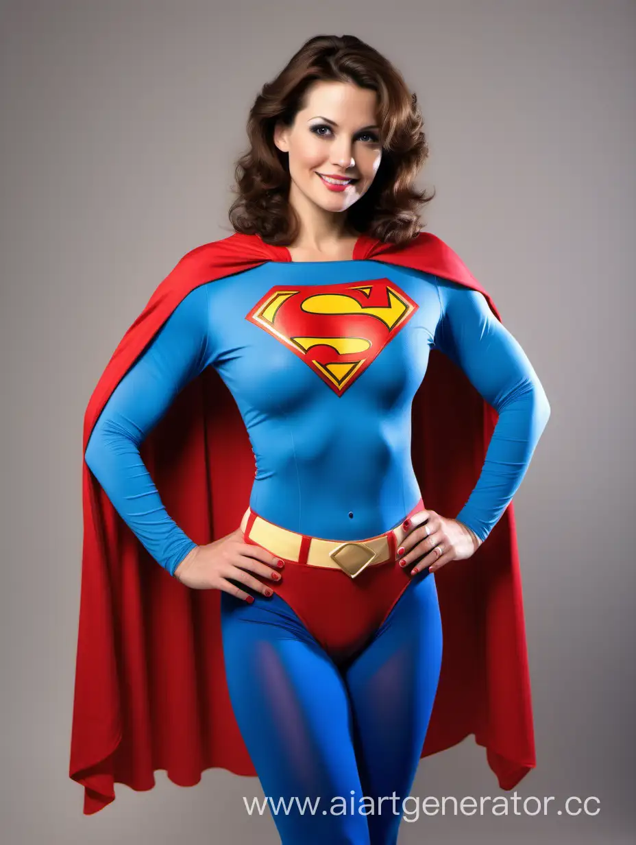 A beautiful woman with brown hair, age 35, She is happy and muscular. She is wearing a Superman costume with (blue leggings), (long blue sleeves), red briefs, and a flowing cape. Her costume is made of very soft cotton fabric. The symbol on her chest has no black outlines. She is posed like a superhero, strong and powerful. Bright photo studio. In the style of 1980s movie.