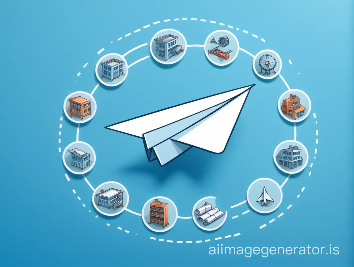 As you can see, a humanized version of the factory, for creating Telegram accounts, a color photo. Add more Telegram icons. The Telegram icon is a white paper airplane on a blue background, in a circle.