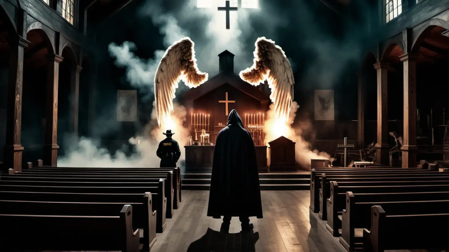 Interior dark church. rural sheriff standing in aisle in uniform, Hooded man on alter with wings wooden pews. stage. smoke. Clouds. angelic damage pews, Special effects. explosions