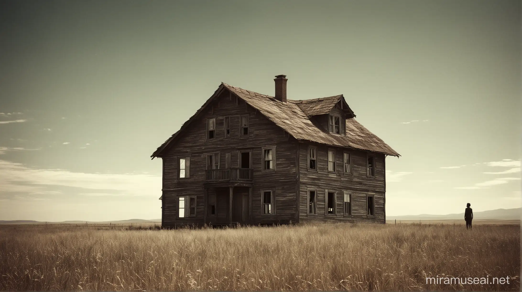 Ethereal Dark Figure Over Old House Vintage Silent Film Scene