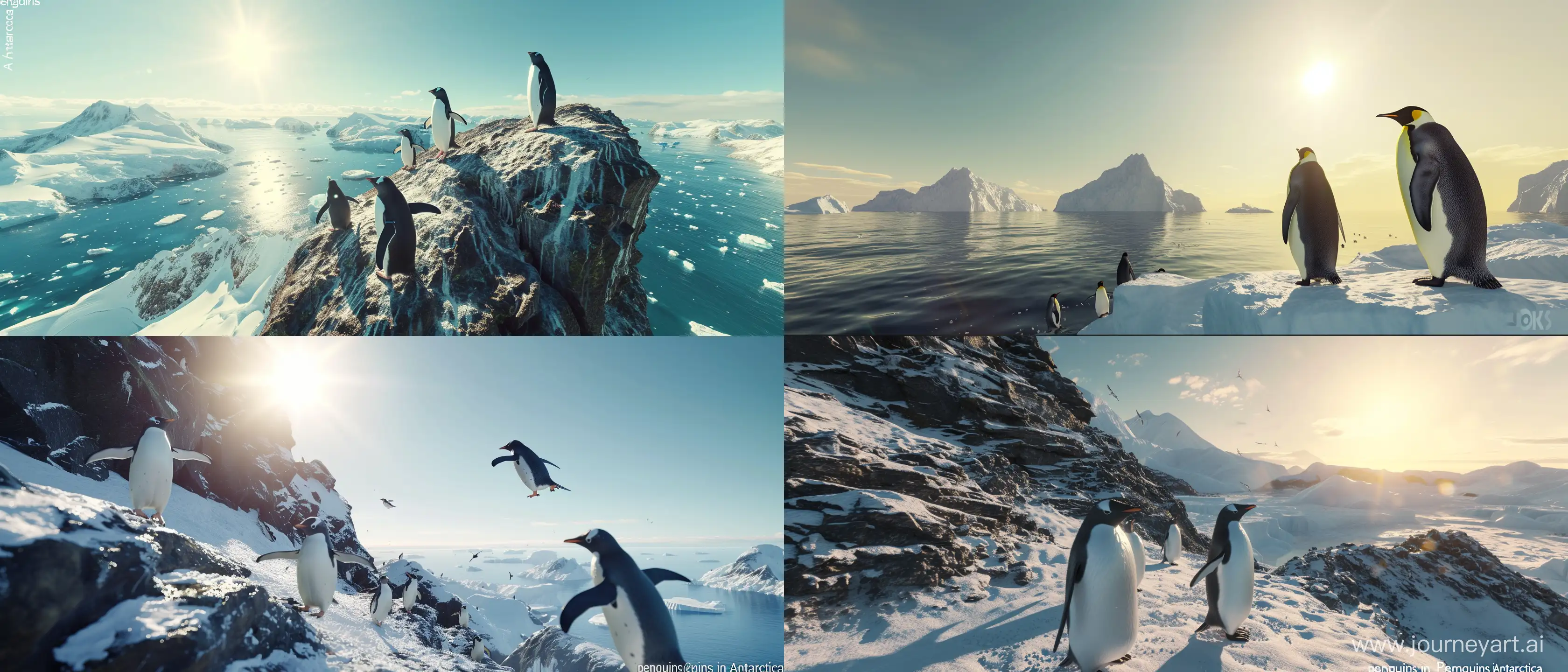 create an image as if it were taken by a drone that is very high from top to bottom in a vertical “penguins in Antarctica” fashion; sunny day; using all the graphic, lighting, design and scenery techniques of the most hyper-realistic and current animations of the last generation; Ray tracing at an absurd level; 32k; better CGI; advanced lighting techniques; cinematic style; all parts of the image must be in the highest possible quality, 32k; --ar 21:9 --v 6.0