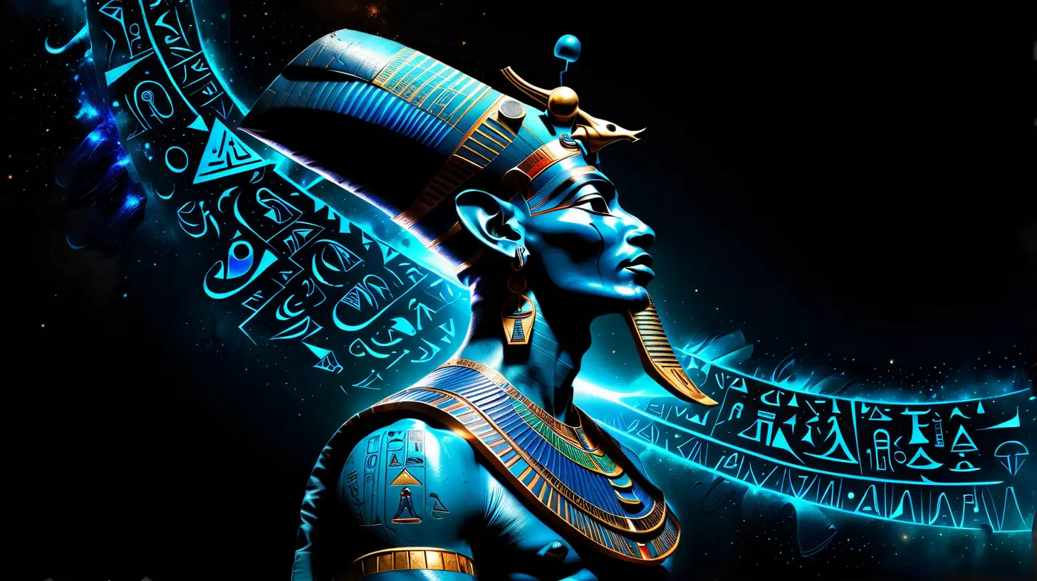 Dark outer space Background, profile view, ET Egyptian Male God, Osiris, long, blue contemporary coat with illuminated hieroglyphics all over it, wearing a tall, blue, inverted conical headpiece, also with illuminated hieroglyphs