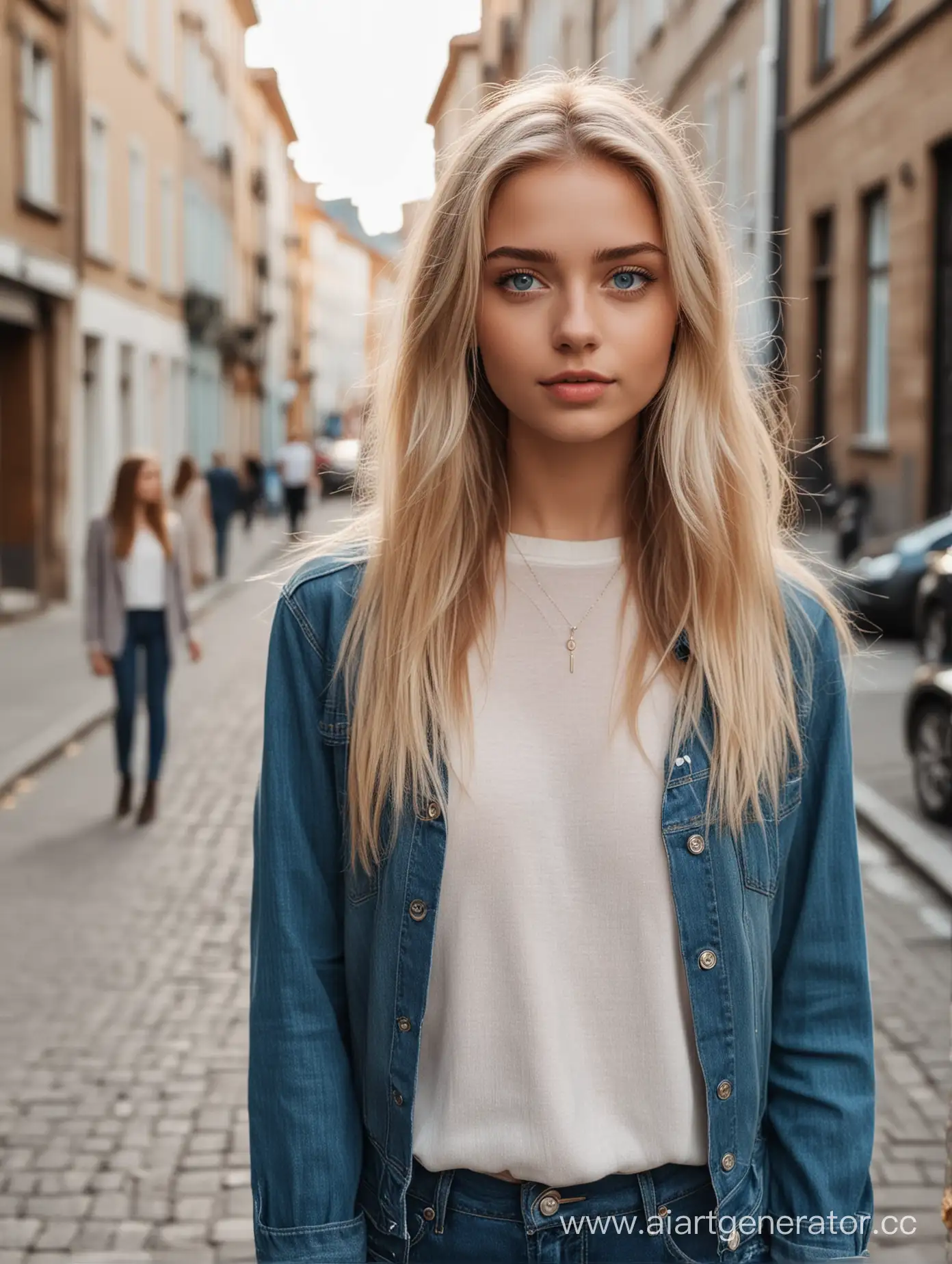 Сгенерировать девушку лет 20 высокого в полный рост светлые волосы голубые глаза стоит на фоне красивые улицы стильно одета рядом стоят ее друзья