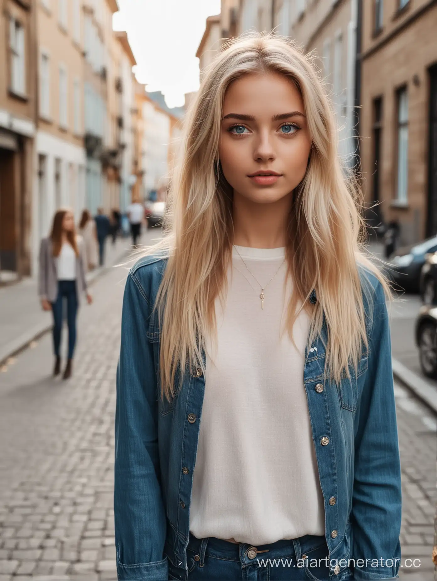 Stylish-Young-Woman-with-Friends-on-Charming-Urban-Street