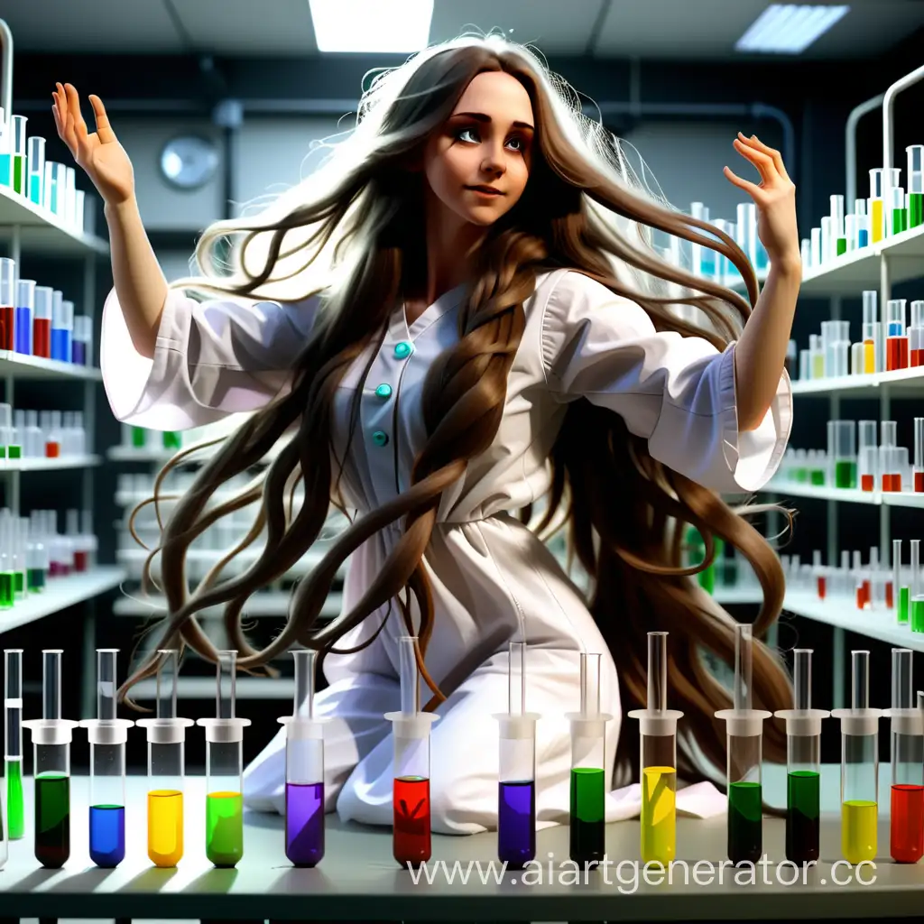 девушка длинноволосая брюнетка друид танцует в химической лаборатории среди танцующих пробирок