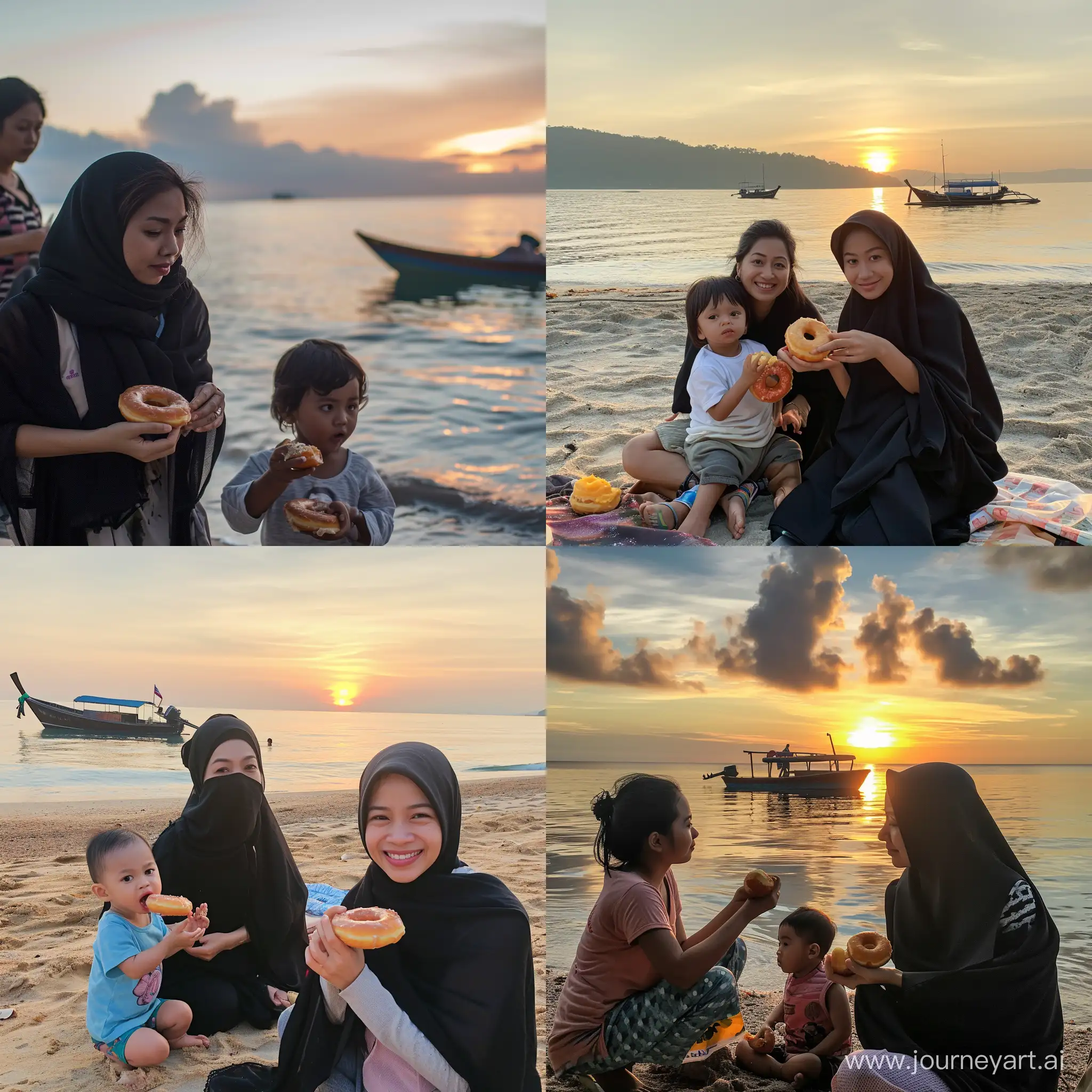 malay girl at beach wearing black scarf with mom and little bro eating donut, boat at see, sunrise, HD 4K
