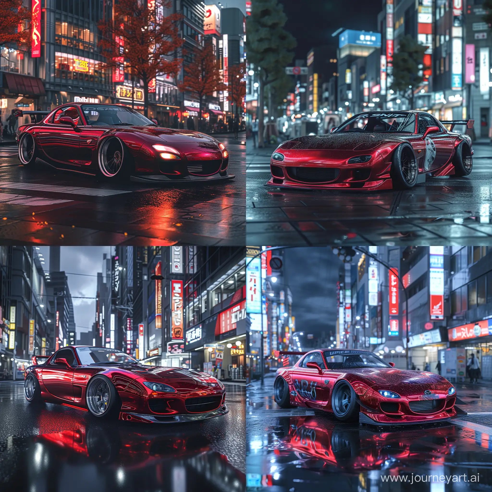 Hyperrealistic photo of a red metallic Mazda Rx7 with vinil in drift in the tokyo city