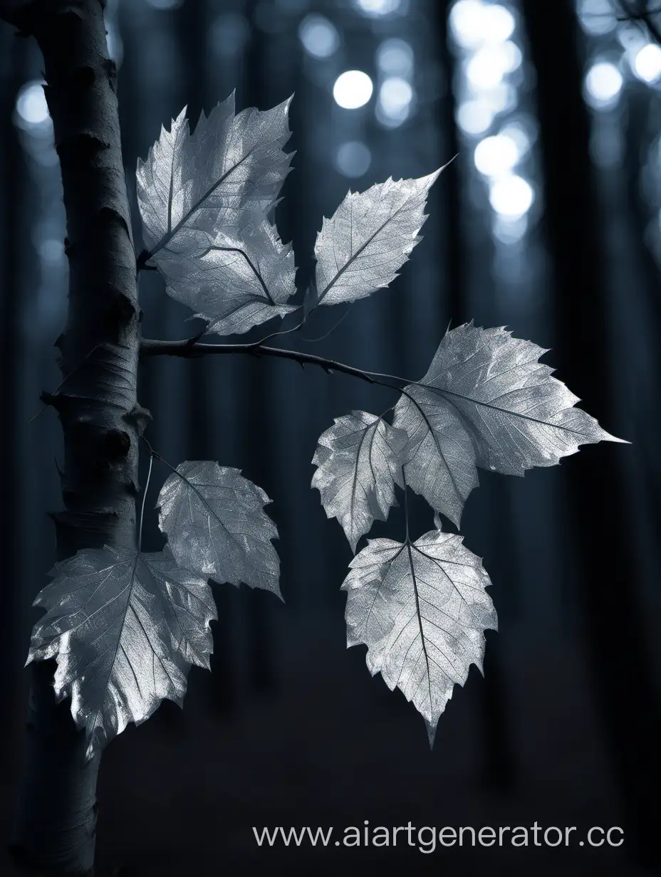 Moonlit-Silver-Leaves-on-a-Nocturnal-Forest-Branch