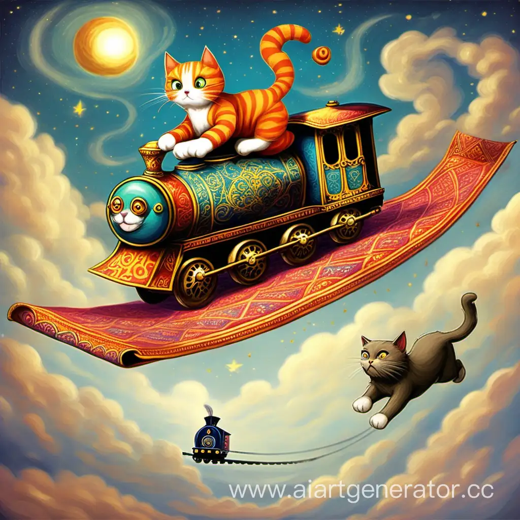 Feline-Companion-Soaring-on-Magic-Carpet-Ahead-of-Steam-Engine