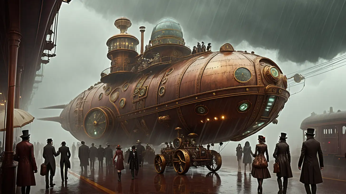 Steampunk Steamspaceship Boarding in Earth Fog and Rain