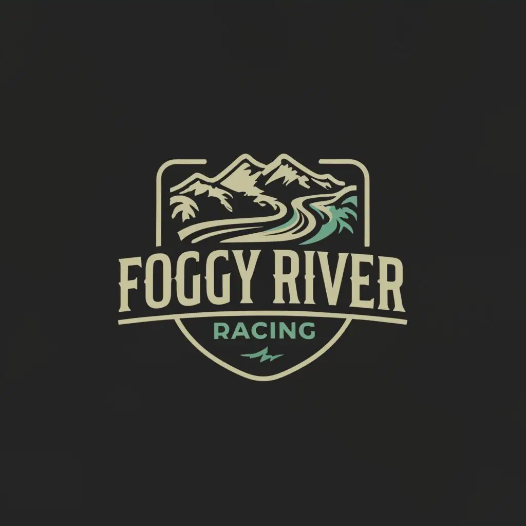 a logo design,with the text "Foggy River Racing", main symbol:River through mountains with horse,Minimalistic,clear background