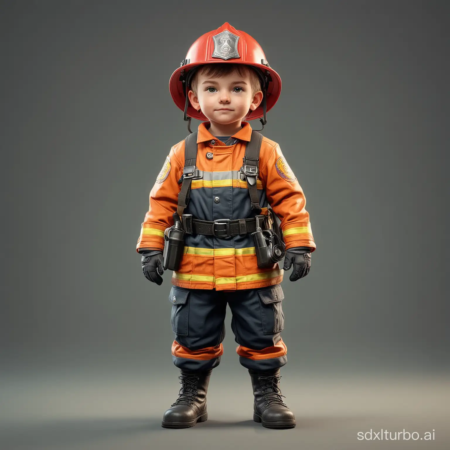 Little child firefighter, game character, stands at full height