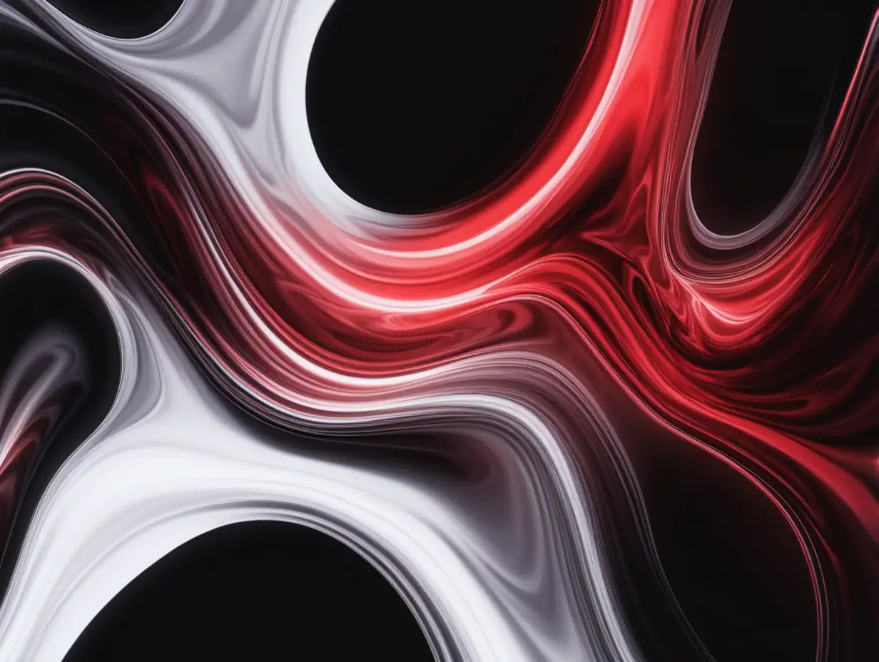 Imagine an abstract glowing motion in 3 liquid colors, black, white and  red, out of a white background, 1410 pixel by 1200 pixel