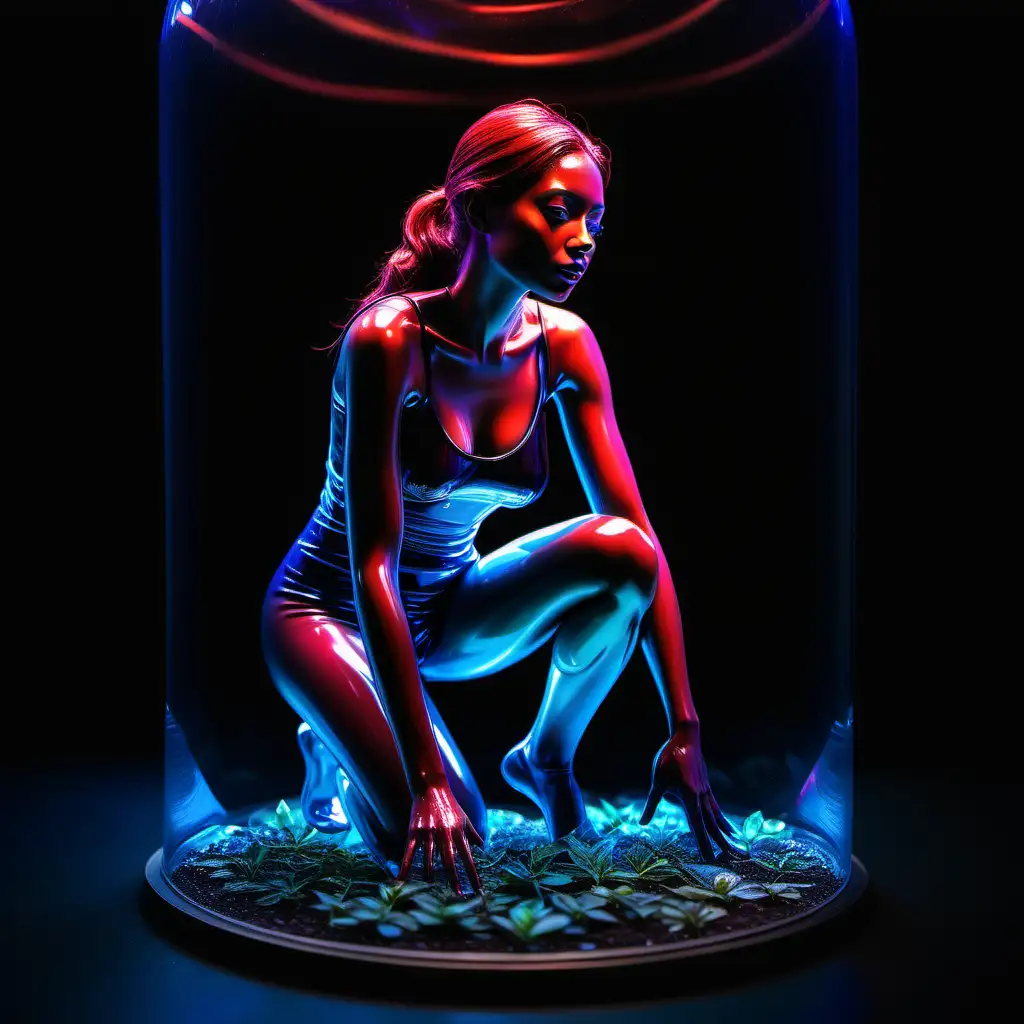 Photo-realistic, detailed, high definition. vibrant colors, (black background) Full body shot. A transparent pretty glass woman, consisting of glass with a reddish tone, crouching in a glasshouse, a blue ambient light mysteriously illuminates the air.