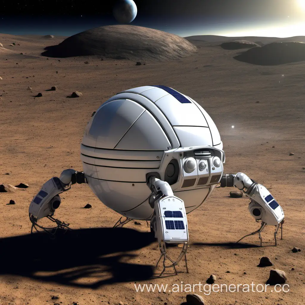 Galaxis is a space exploration robot designed for extraterrestrial missions. It has a compact, spherical body with a white and silver metallic finish. The outer shell is equipped with solar panels to harness energy from the sun, and it has multiple antennas for communication purposes. Galaxis's design is both sturdy and lightweight to withstand harsh conditions in space.
