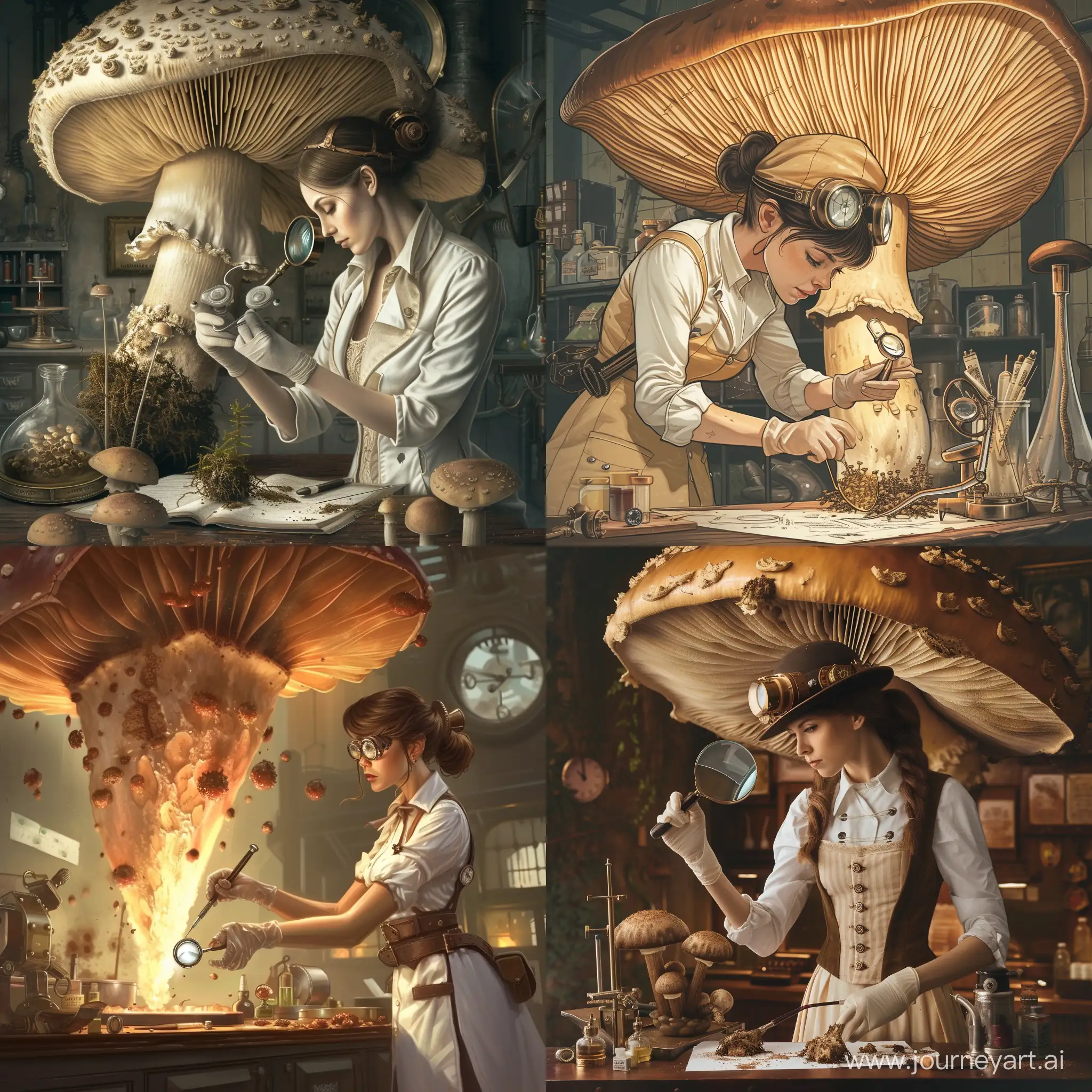 victorian veterinarys laboratory a female steampunk scientist with a scalpel and a magnifying glass experiencing an eureka moment as she is discovering a huge mushroom
