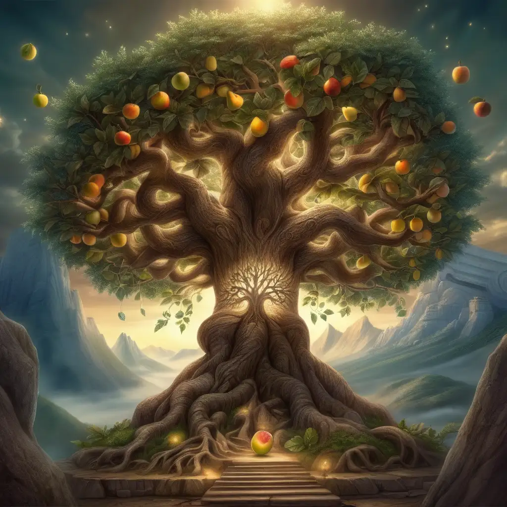 Chapter 3: The Tree of Infinite Knowledge Darian envied the Tree of Infinite Knowledge, an ancient tree whose roots extended throughout the valley. The Luminaries obtained their light and wisdom from it, and its fruits were like books filled with knowledge. One day, when Aradia was away, Darian used a dark spell to seal the tree, preventing it from bearing more fruits. Without new knowledge, the valley began to lose its light slowly.
