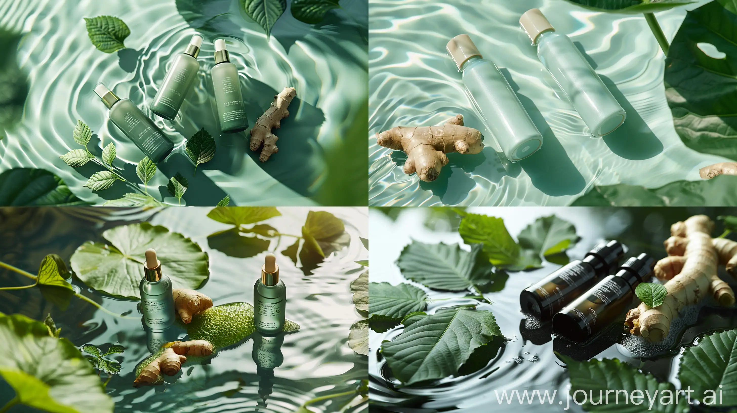 /imagine prompt:Product photo, two cosmetic bottles, lying on the water surface green, with ginger, perilla leaves, natural, reflections and mirroring, beautiful soft lighting and shadow --ar 16:9 --style raw
