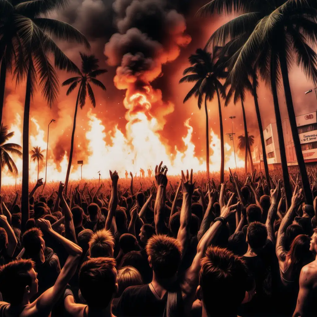 A punk concert. You see a mosh pit in a city in flames with coconut trees.